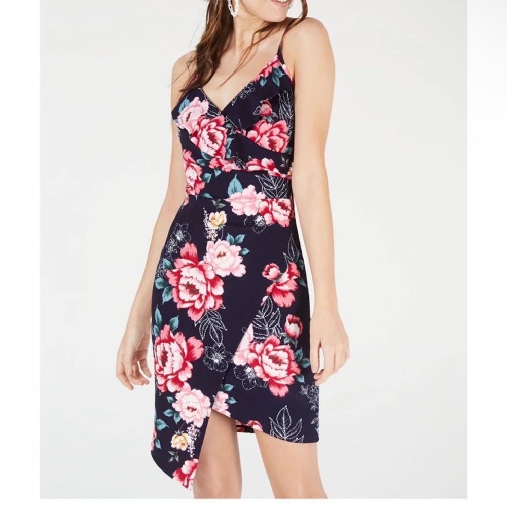 0483W. ALMOST FAMOUS MINI DRESS SPAGHETTI‎ STRAPS SIZE MEDIUM FLORAL PINK/BLACK